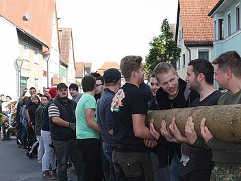 Die jungen Leute mussten sich zwei Stunden lang anstrengen, bis der Kerwasbaum sicher in der Senkrechten stand. Fotos: Sonja Werner