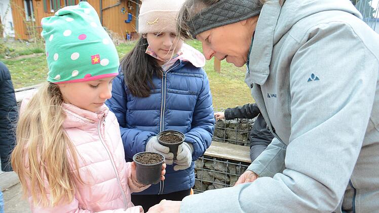 Für prächtige Blüten im Sommer: Lehrerin Birgit Baumann verteilt Sonnenblumen-Samen an die Kinder.