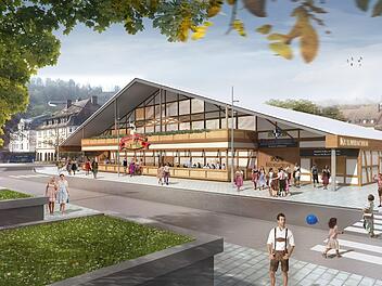 So sieht der neue Kulmbacher Bierstadel aus - hier der Blick von der Stadthalle. Visualisierung: Kulmbacher Brauerei