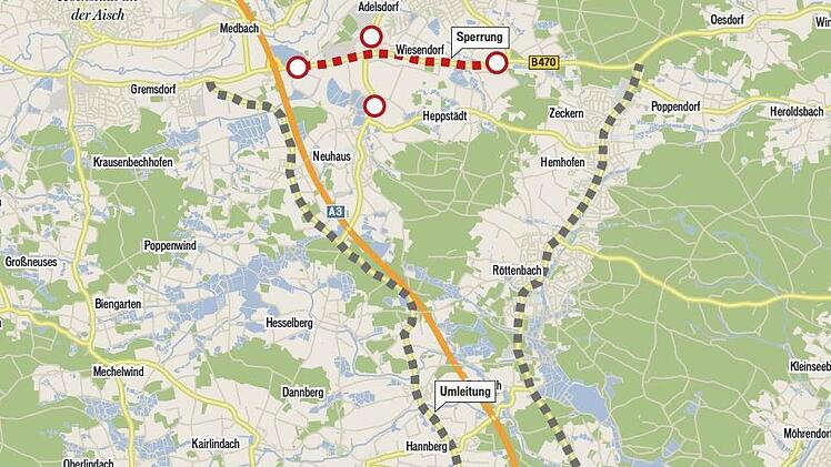 Die Umleitungsstrecke um den gesperrten Abschnitt der B 470 wird ausgeschildert