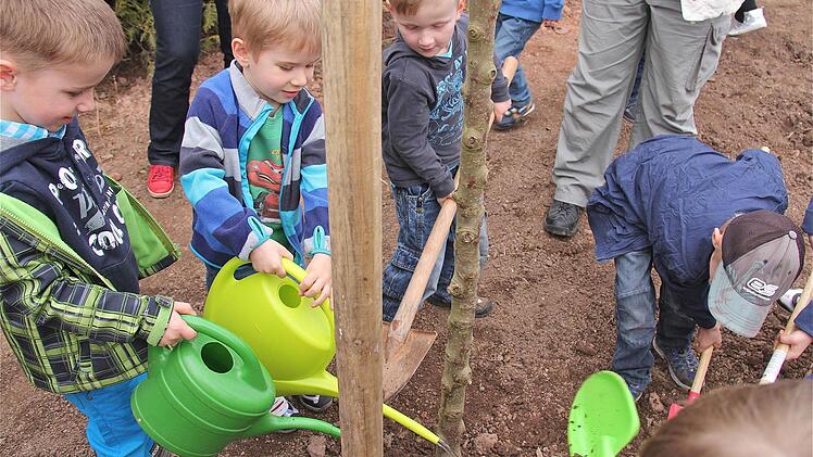 Begeistert halfen die Kids beim Pflanzen eines Bäumchens auf dem Spielplatz des Kindergartens St. Andreas.