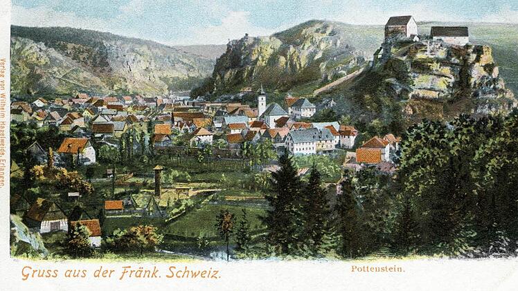 Pottenstein auf einer Postkarte um 1900. Die idyllische Lage steht im Mittelpunkt.  Repro: Reinhard Löwisch