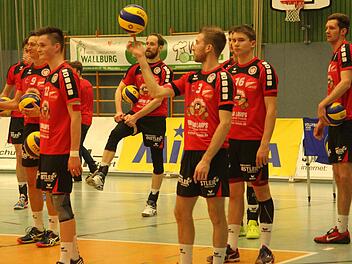 Bester Laune gehen die Volleyballer des VC Eltmann, von links Mircea Peta (fast verdeckt), Hans-Peter Nürnberger, Tobias Werner, Christian Nowak, Johannes Engel, Sebastian Richter (fast verdeckt), Nico Bitsch und Sven Kellermann, in die zweite Saisonhälfte. Nach fünf Siegen hintereinander ist im Titelrennen alles drin.
