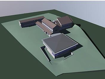 Das Modell zur Generalsanierung der Wildfleckener Grundschule: Vorne ist die neue Turnhalle erkennbar, an die sich direkt die Grundschule anschließt. Hinten rechts ist das Bibliotheksgebäude, das in seiner Form erhalten bleibt und im Obergeschoss für Hort und offene Ganztagsschule genutzt wird.  Abbildung: Architekurbüro Messerschmitt