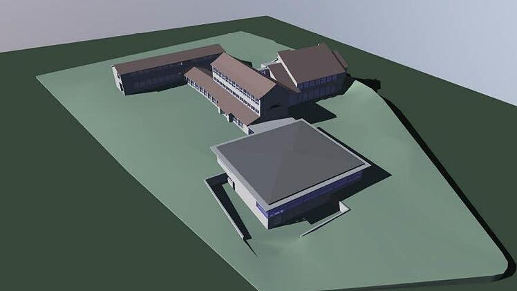 Das Modell zur Generalsanierung der Wildfleckener Grundschule: Vorne ist die neue Turnhalle erkennbar, an die sich direkt die Grundschule anschließt. Hinten rechts ist das Bibliotheksgebäude, das in seiner Form erhalten bleibt und im Obergeschoss für Hort und offene Ganztagsschule genutzt wird.  Abbildung: Architekurbüro Messerschmitt