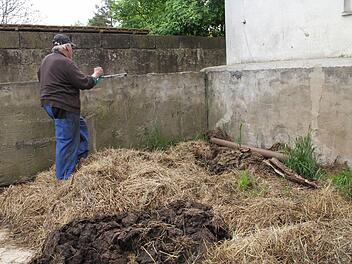 Über eine Mauer ist ein Jungrind ausgebüxt. Der 72-jährige Altbauer zeigt in die Richtung, in der es verschwunden ist.  Foto: Gerda Völk