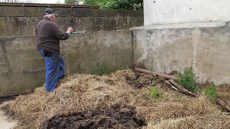 Über eine Mauer ist ein Jungrind ausgebüxt. Der 72-jährige Altbauer zeigt in die Richtung, in der es verschwunden ist.  Foto: Gerda Völk