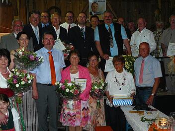 Der langjährige Ortsvorsitzende und Gemeinderat Fritz Hereth (oben, Vierter von links) wurde zum Ehrenvorsitzenden der Freien Wähler Wirsberg ernannt. Weitere elf Gründungsmitglieder erhielten die Ehrennadel in Gold der Freien Wähler Bayerns. Foto: Klaus-Peter Wulf