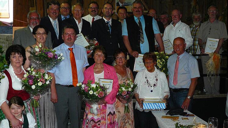 Der langjährige Ortsvorsitzende und Gemeinderat Fritz Hereth (oben, Vierter von links) wurde zum Ehrenvorsitzenden der Freien Wähler Wirsberg ernannt. Weitere elf Gründungsmitglieder erhielten die Ehrennadel in Gold der Freien Wähler Bayerns. Foto: Klaus-Peter Wulf