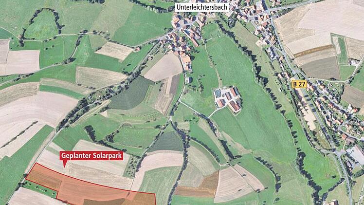 Die Lage des geplanten Solarparks in Unterleichtersbach zeigt diese Grafik.  Projektiniatoren und Google/Foto: Google Earth