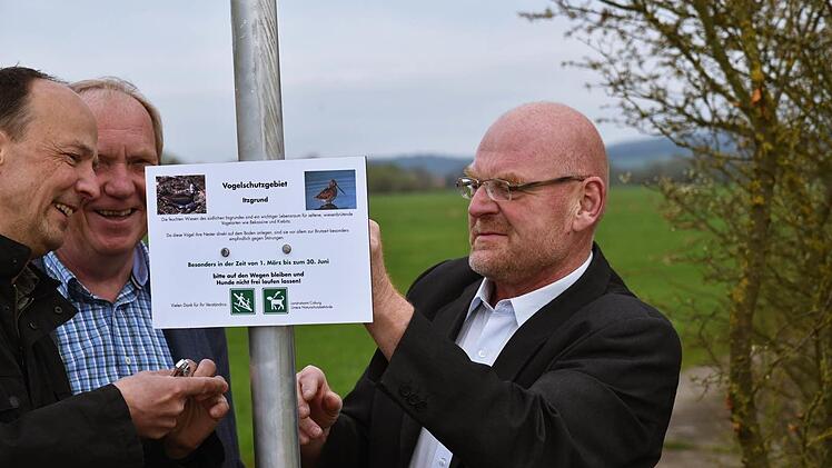 Hinweisschilder sollen die Spaziergänger und Hundebesitzer für die Wiesenbrüter sensibilisieren. Im südlichen Itzgrund zwischen Lahm und Hemmendorf brachten gestern Uwe Wolf, Werner Thomas und Dieter Scherbel die Schilder an. Foto: Gabi Arnold