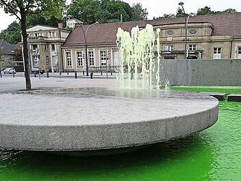 Am Bahnhofsvorplatz sprudelte es am Samstagvormittag plötzlich grün. Auch das Wasser im rechten Rathausbrunnen schimmerte laut Augenzeugen grün. Am Montag war das Wasser immer noch verfärbt, und der Brunnen stand still. Foto: Jochen Berger