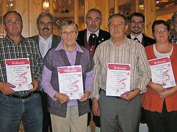 Die Geehrten des Musikvereins Weilersbach mit (v. l.) Vorsitzendem Stefan Roppel, Arthur Wölker, Bürgermeister Gerhard Amon, Maria Fischer, Vize-Vorsitzendem Reinhold Tenta, Erhard Beck, Benedikt Seiler, Manuela Lengenfelder und Dieter Lengenfelder Foto: Heidi Amon