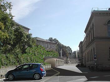 Ein unauffälliger Tunnel gegenüber vom Theater - so könnte eine Einfahrt in eine Tiefgarage am Theater unterm Schlossplatz aussehen. Einig sind sich die meisten Stadträte darin, dass eine solche Tiefgarage im Zuge der anstehenden Theatersanierung gebaut werden sollte. Doch ob und wo es dafür Geld gibt, muss erst noch geklärt werden. Private Investoren, die alles allein finanzieren, gibt es nicht. Grafik: CT-Archiv