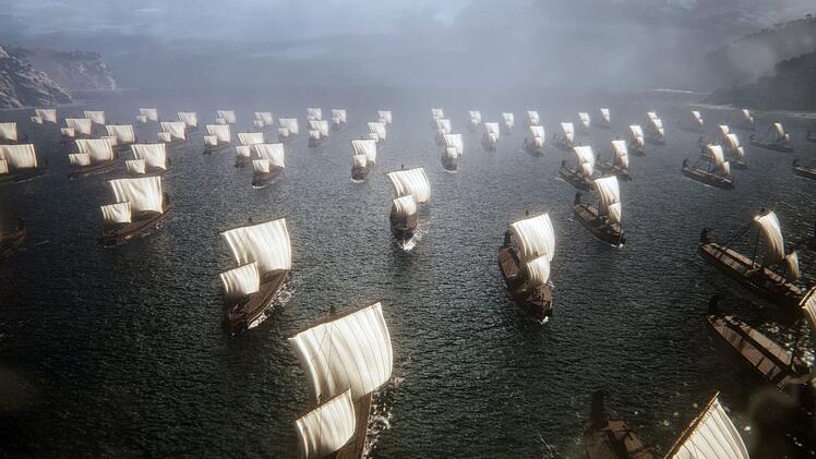 Athenische "Triere", un&uuml;berbietbar schnelle und wendige Kriegsschiffe: K&ouml;nig Kr&ouml;sus lie&szlig; offenbar erstmals Gold- und Silberm&uuml;nzen zum Bau dieser Schiffe pr&auml;gen.