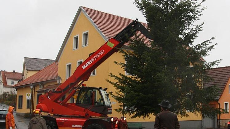 Mit Hilfe von Großgerät wurde in diesem Jahr der Weihnachtsbaum von Mitgliedern des Gartenbauvereins am Dorfplatz aufgestellt.  Foto: Matthias Nöth