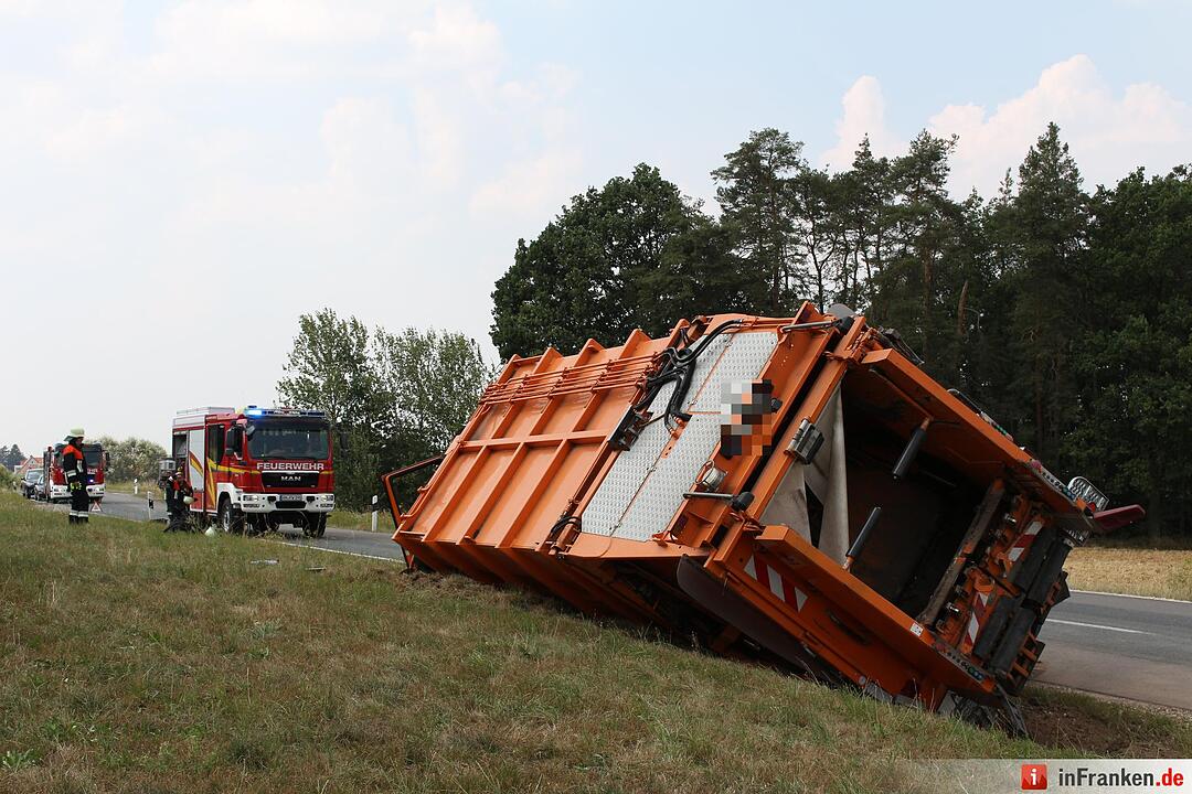 Muellabfuhr kommt von Strasse ab und landet im Graben
