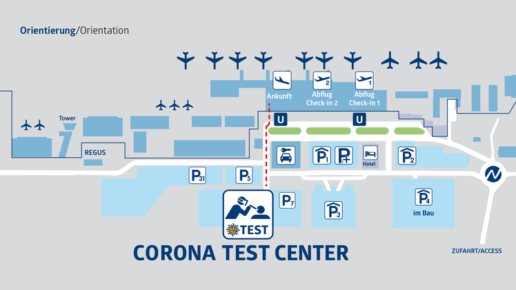 Lageplan der Corona-Testcenter am Airport Nürnberg. Grafik: Airport Nürnberg