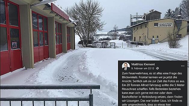 Auf den Blickwinkel kommt es an. Vor der Einfahrt des Feuerwehrhauses liegt  nat&uuml;rlich Schnee, wie unser Bild auf Youtube zeigt, dass von der Seite her  aufgenommen wurde. Ein anderes Bild, von vorn und von einem tiefen  Standpunkt aus aufgenommen, hatte den Eindruck erweckt, dass die Tore des  Feuerwehrhauses wegen des Schnee nur schwer zu &ouml;ffnen sind. B&uuml;rgermeister  Klement hat sicher recht, wenn er kommentiert "ein  20-Tonnen-Allrad-Fahrzeug sollte die f&uuml;nf Meter Neuschnee schaffen".  Scre...