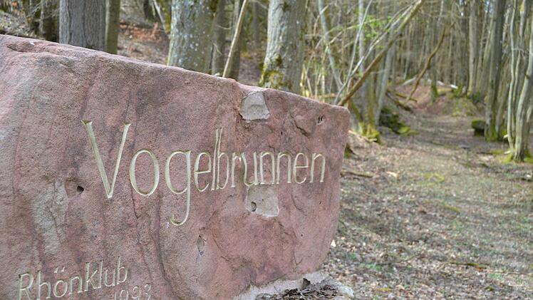 Der Findling am Vogelsbrunnen bei Stangenroth. Im Hintergrund lässt sich der Judenweg erkennen. Foto: Johannes Schlereth