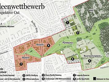Einer von sechs Entwürfen für das Bamberger Konversionsgebiet. Es sieht verdichtete Bebauung im Bereich der Lagardekaserne und großflächigen Abriss der Bestandsgebäude östlich des Berliner Rings sowie einen großen Park vor.  Entwurf Architekten 03, München