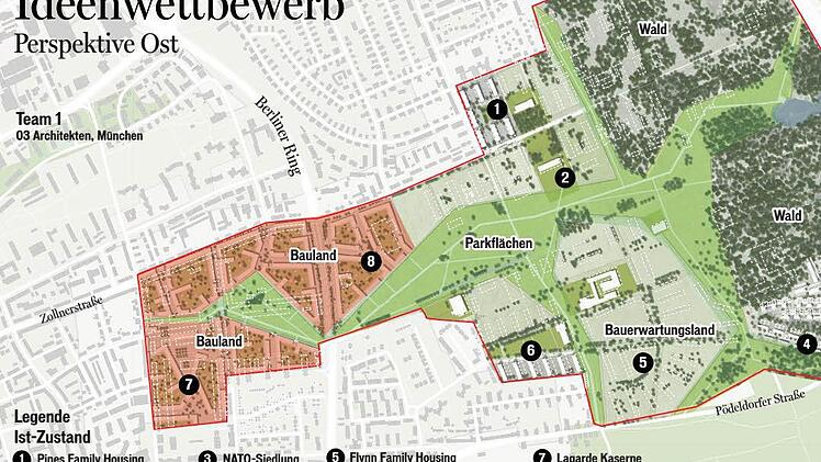 Einer von sechs Entwürfen für das Bamberger Konversionsgebiet. Es sieht verdichtete Bebauung im Bereich der Lagardekaserne und großflächigen Abriss der Bestandsgebäude östlich des Berliner Rings sowie einen großen Park vor.  Entwurf Architekten 03, München