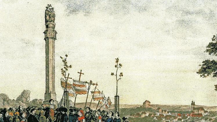 Der alte Stich zur Einweihung der Dreifaltigkeitss&auml;ule am 9. Juni 1851. An dieser Stelle steht heute die N&uuml;rnberger Kapelle, die am vergangenen Wochenende von Vandalen gesch&auml;ndet wurde.