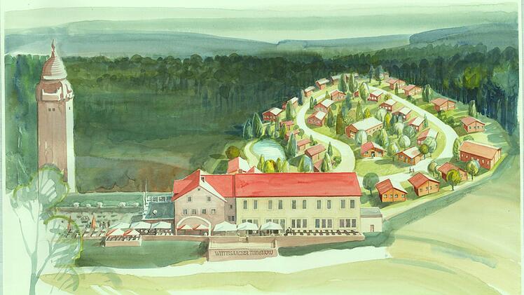 Eine grafische Darstellung des Blockhütten-Hotels, allerdings mit deutlich weniger Bäumen als tatsächlich stehen bleiben sollen.