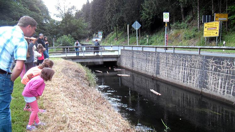Aufmerksam beobachten Klein und Groß die schwimmenden Blöchla auf dem Mühlgraben. Foto: Susanne Deuerling