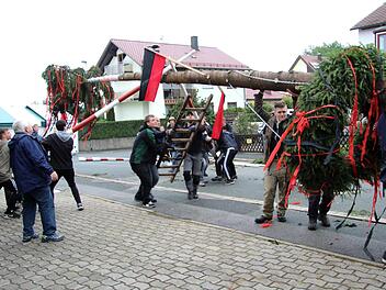 Fritz Barthel (l.) gibt seit über 30 Jahren die Kommandos beim Aufstellen des Kerwabaums. Foto: Richard Sänger