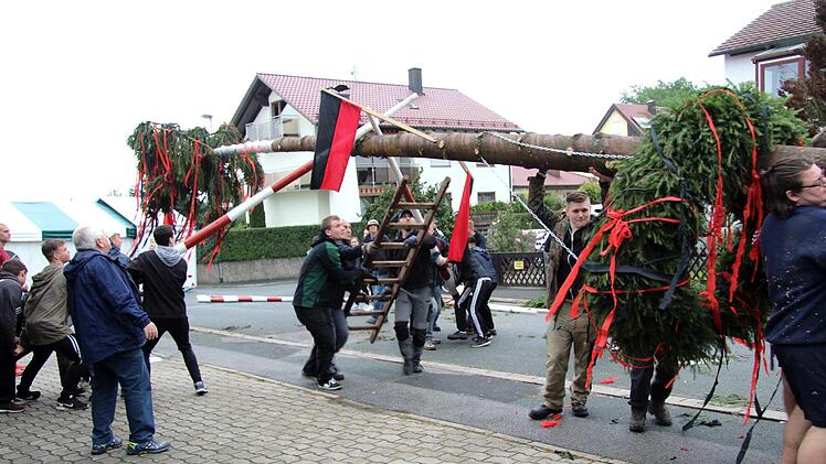 Fritz Barthel (l.) gibt seit über 30 Jahren die Kommandos beim Aufstellen des Kerwabaums. Foto: Richard Sänger
