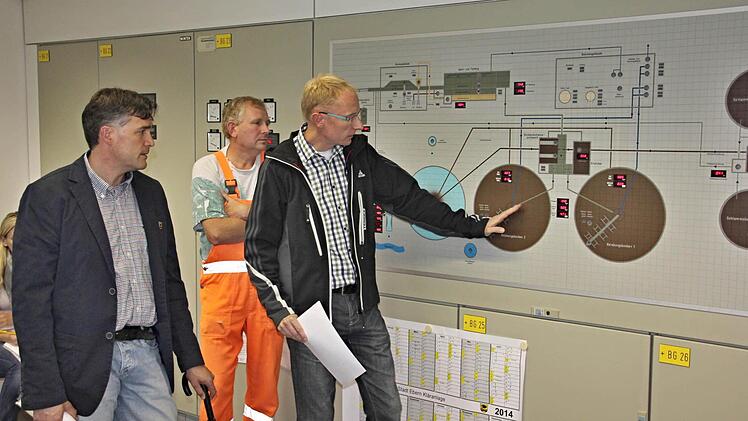 Martin Lang vom Bauamt und Abwassermeister Walter Reuter erläutern Bürgermeister Harald Pascher (von links) an der Schalttafel in der Abwasserkläranlage die Funktionsweise der Anlage. Foto: Helmut Will