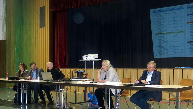 Hartmut Holl (HWP, Dritter v. l.); die beiden anderen sind seine Mitarbeiter; dann BürgermeisterinKathrin Heimann (Effeltrich) und Bürgermeister Paul Steins (Poxdorf).