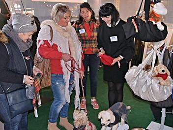 Ute Sando-Hebenstreit aus Meiningen (links) lässt sich mit einer Hundeliebhaberin (Zweite von links) von den beiden Designerinnen, Diana Tschaikowsky und Susanna Ströher (von rechts), beraten. Kunden können hier ihren Look auf Mensch und Tier abstimmen.