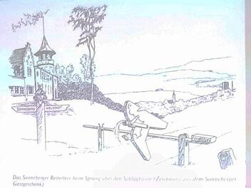 Auf einer Zeichnung aus dem 50er Jahren springt das Sonneberger Reiterlein über den Schlagbaum in Richtung Neustadt. Es sollte noch lange dauern bis dies möglich wurde. Foto: Frank Altrichter