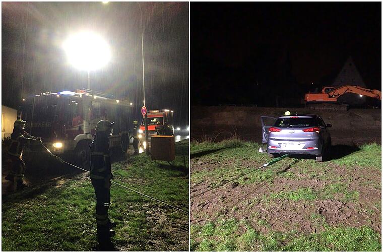 Feuerwehreinsatz in Rödental: Auto droht in Grube zu stürzen - Fahrer sitzt noch in Wagen