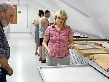 Museumsleiterin Annette Späth zeigte den Besuchern die Museumsschätze, die im Depot verborgen sind, darunter viele Schulwandbilder. Fotos: Björn Hein