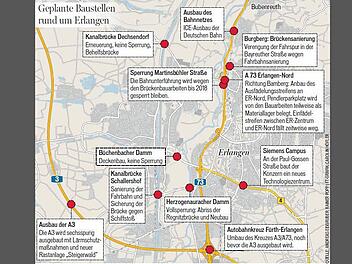 Rund um Erlangen gibt es in den nächsten Jahren viele Baustellen. inFranken.de-Grafik: Carolin Höfler