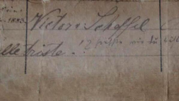 Der Original-Eintrag Scheffels ins G&auml;stebuch, Gasthaus Distler, jetzt Scheffel-Gasthaus Foto: Reinhard L&ouml;wisch