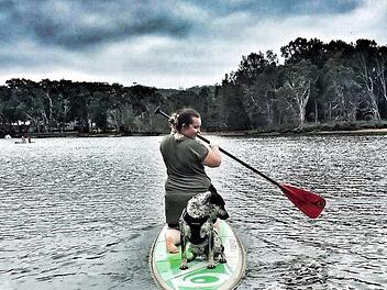 Kathrin Schumm hat viel gearbeitet in Australien, aber auch das besondere Lebensgefühl in sich aufgesogen. Hier beim Standup-Paddeling auf dem Avoca Lake - Hund Pirate immer mit dabei. Fotos: Kathrin Schumm/privat