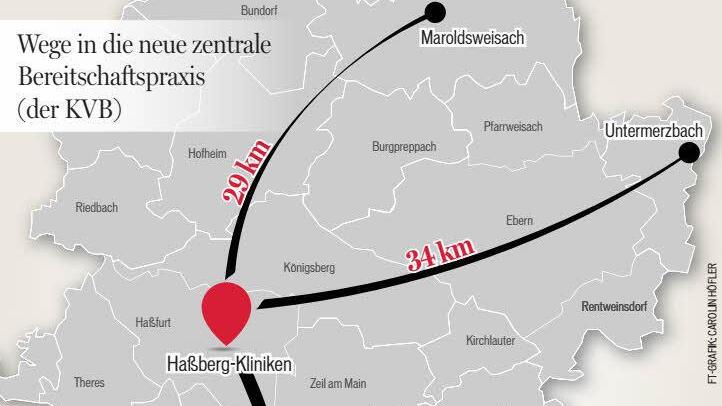 Die zentrale Bereitschaftsdienst-Praxis soll an die 30 Kilometer beziehungsweise 30 Minuten Fahrtzeit entfernt sein.Grafik: Carolin Höfler