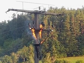 Dieser Strommast zwischen Trossenfurt und Kirchaich stand am Freitagabend in Flammen.Christian Licha