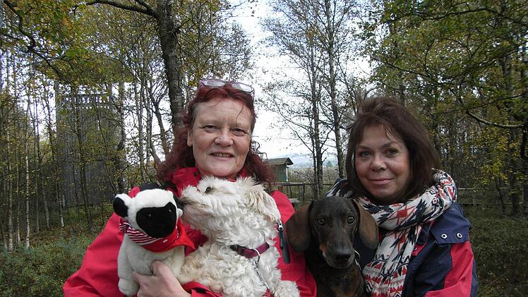 Andrea Habel aus Brachttal (Main-Kinzig-Kreis)  und die gebürtige Schottin Marilyn Munro-Heim aus Bad Orb (rechts) führen ihre angeleinten Hunde aus.  Joachim Rübel