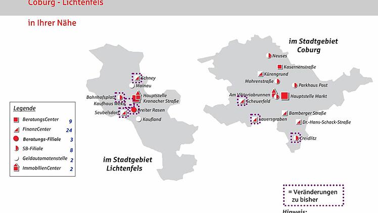 Die Karte zeigt Standorte und Veränderungen in den Stadtgebieten von Lichtenfels und Coburg.