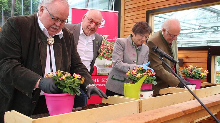 Bürgermeister Franz Streit, Regierungspräsidentin Heidrun Piwernetz und stellv. Landrat Edgar Büttner beim Einpflanzen der Blumen.  Foto: Andreas Schmitt