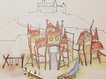 So oder so ähnlich stellt sich die Initiative Liebenswertes Kulmbach den Burgspielplatz auf dem Kaufplatzareal vor. Zeichnung: Evelyn Kromm, Q11, CVG