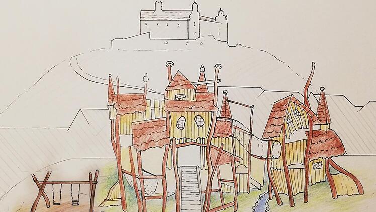 So oder so ähnlich stellt sich die Initiative Liebenswertes Kulmbach den Burgspielplatz auf dem Kaufplatzareal vor. Zeichnung: Evelyn Kromm, Q11, CVG