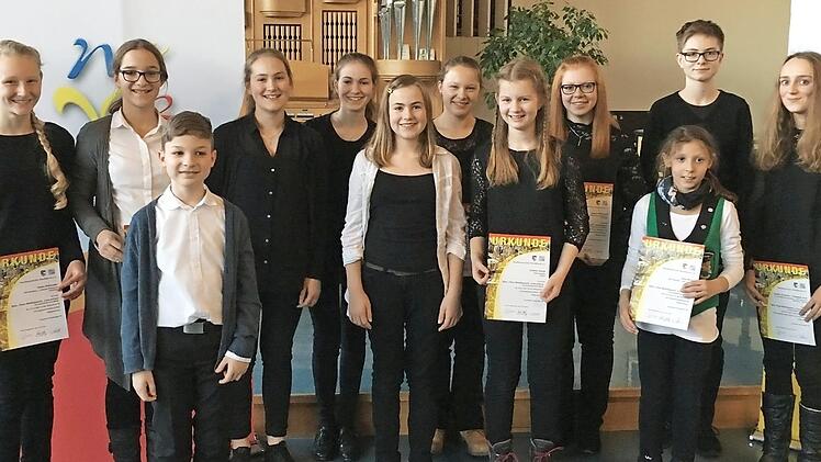 Die erfolgreichen Teilnehmer am Solo-/Duo-Wettbewerb des Bayeri-schen Blasmusikverbandes: Helen Reheuser, Johanna Krug, Felix Krug, Annika Baum, Julia Baum, Tina Baum, Marion Loos, Sonja Lindner, Saskia Witterauf, Julie Minke, Elisabeth Kral, Amelie Drescher  Foto: KMS