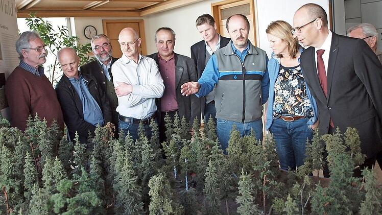 Ein zur Ausstellung gehörendes Diorama, das typische Bodendenkmäler zeigt, besichtigen von links: Anton Köcheler, Ralf Obst, Peter Hagemann, Leiter des Forstbetriebs Rothenkirchen, Bernhard Christoph, Robert Hümmer, Vorsitzender der Waldbesitzervereinigung, Andreas Büttner, Forstdirektor Oliver Kröner, 2. Bürgermeisterin Sabine Rießner und Landrat Christian Meißner. Fotos: Alfred Thieret