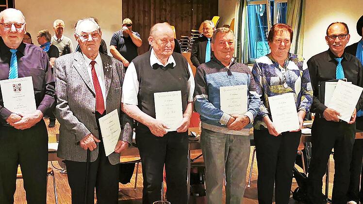 Gruppenbild mit den Geehrten beim Gesangverein Giech (von links): Erich Dremel, Christopher Janßen, Otto Bleyer, Erwin Mühlbauer, Josef Hoh, Hans Schütz, Brigitte Martin, Johann Kalenyak, Annette Eichhorn und Michael Schütz